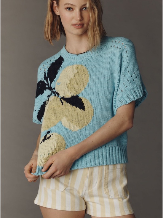 Maeve Sweaters - Maeve short-sleeved crew-neck veggie motif graphic sweater - green apple - Large
